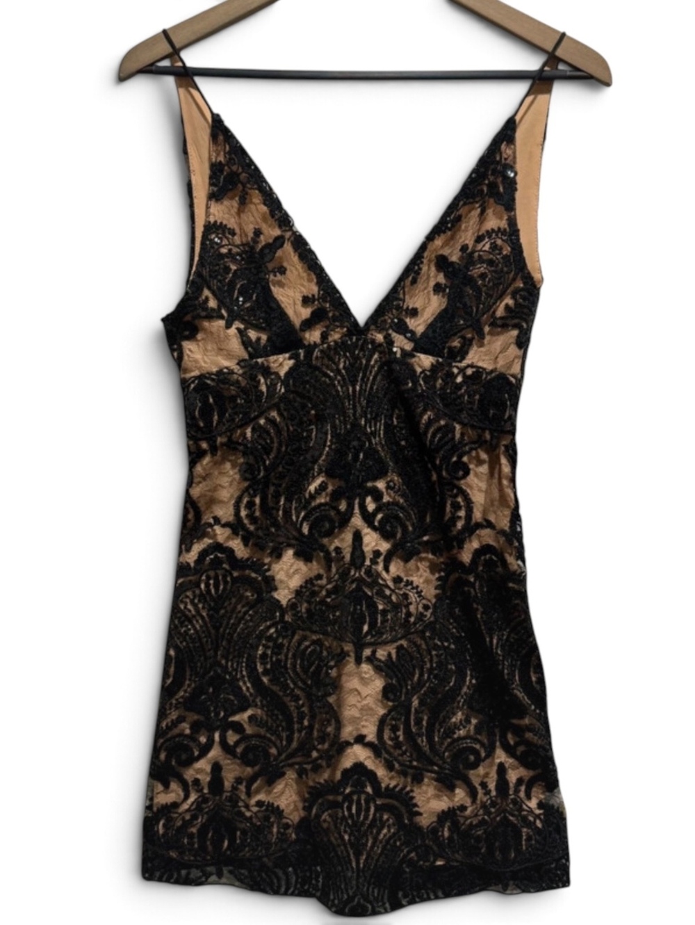 Free People Night Shimmers Black Lace Sequin Mini Dress Nude Lined Size 0